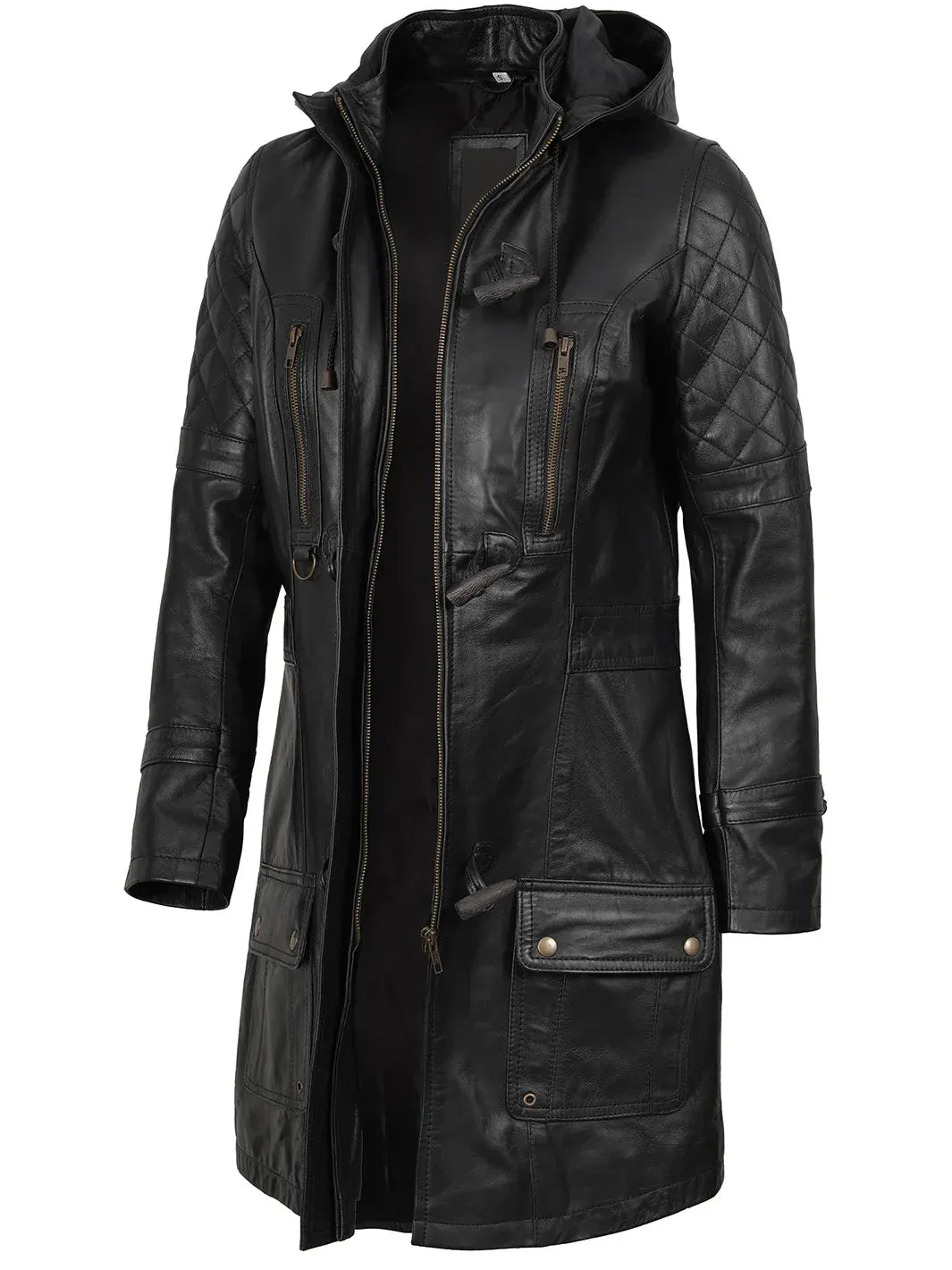 Women’s Black 3/4 Length Leather Coat With Hood The Leather Fit