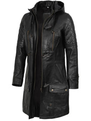 Women’s Black 3/4 Length Leather Coat With Hood The Leather Fit