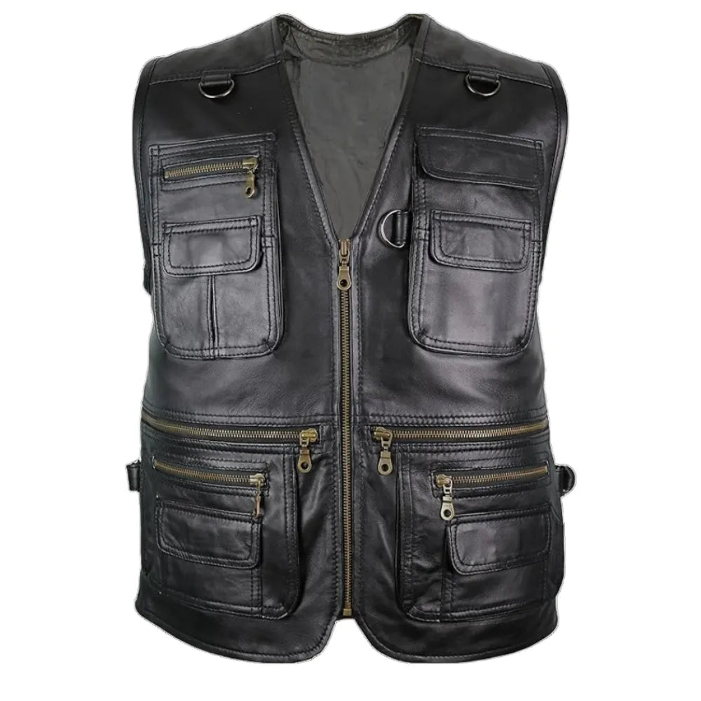 Men’s Black V-Neck Hunting Leather Vest The Leather Fit
