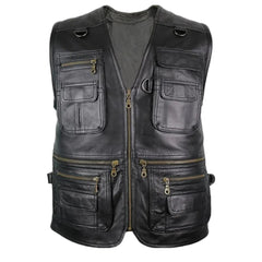Men’s Black V-Neck Hunting Leather Vest The Leather Fit
