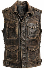 Men Strap Pockets Distressed Brown Leather Vest The Leather Fit