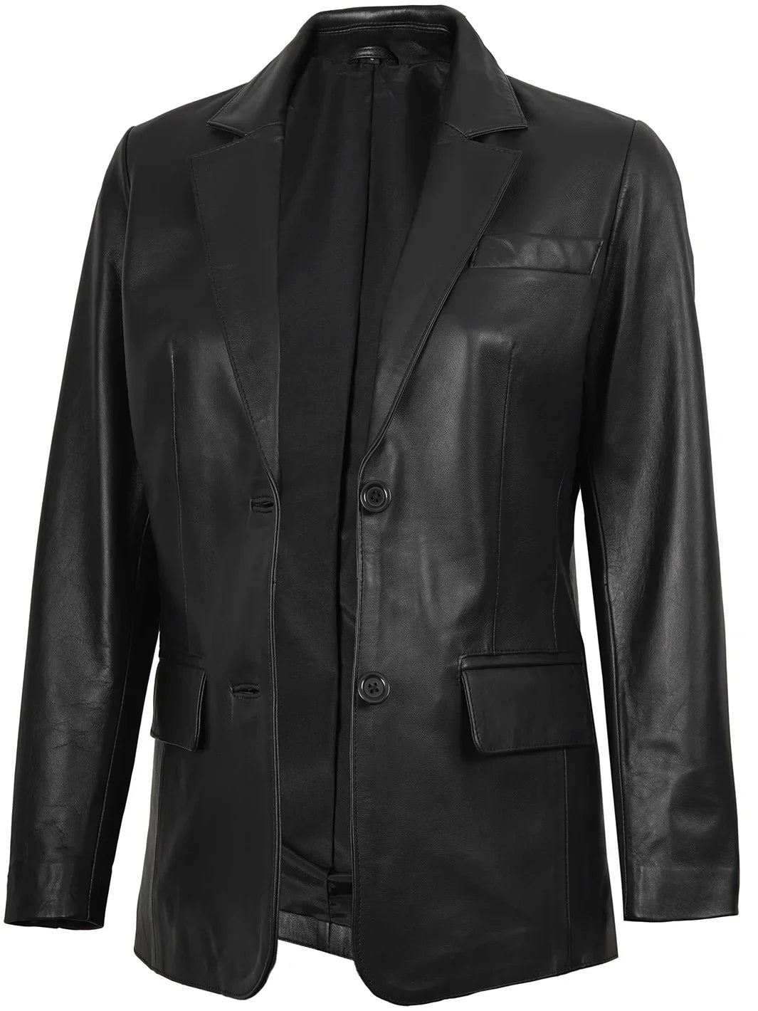 Women's Two Button Black Real Leather Blazer The Leather Fit