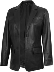 Women's Two Button Black Real Leather Blazer The Leather Fit
