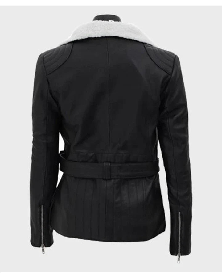 Natalie Shearling Leather Black Belted Biker Jacket The Leather Fit