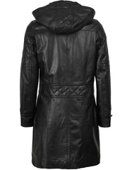 Women’s Black 3/4 Length Leather Coat With Hood The Leather Fit