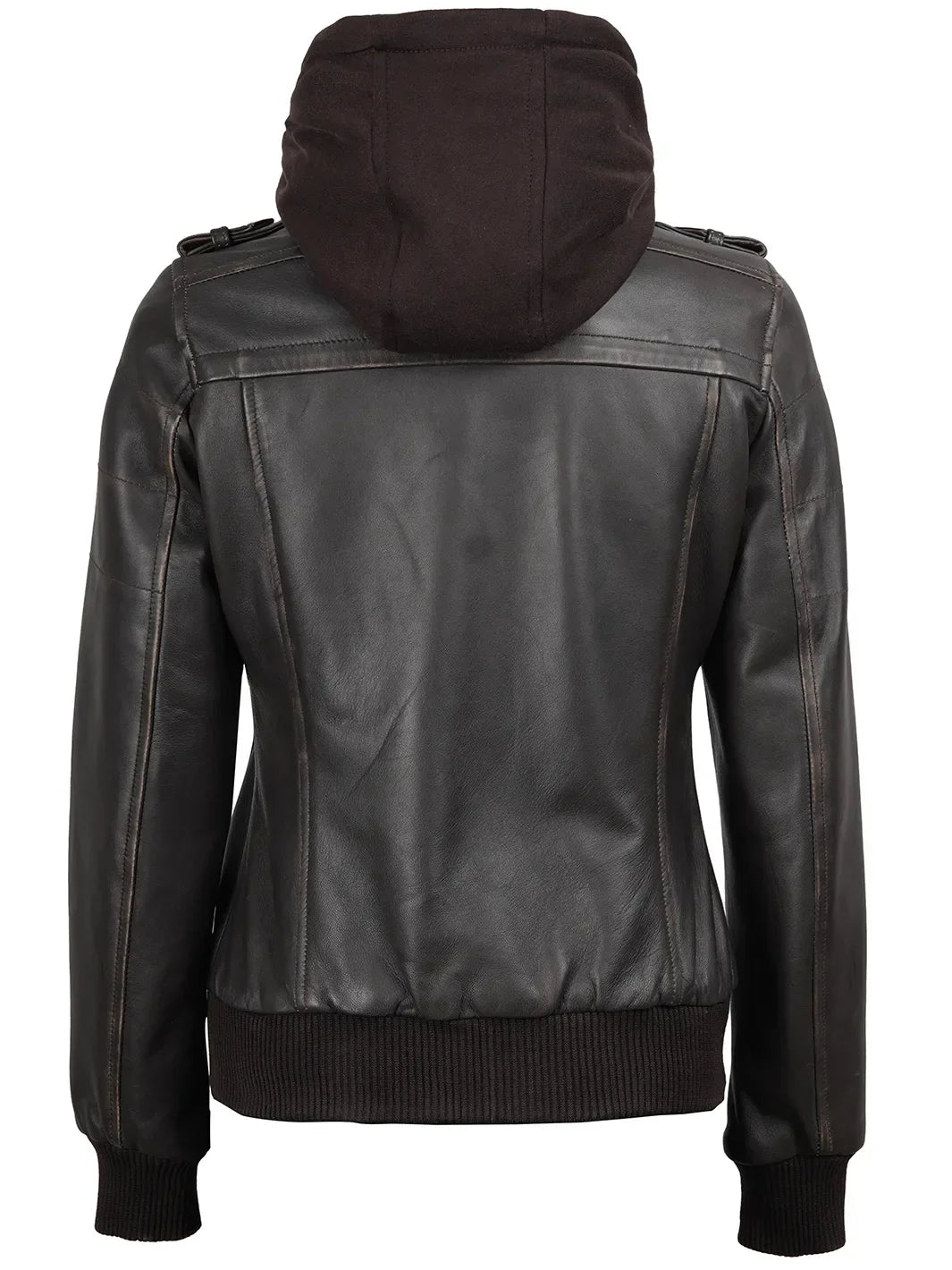 Women's Dark Brown Rub Off Leather Jacket with Removable Hood The Leather Fit