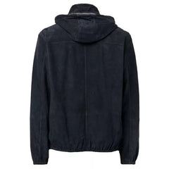 Mens Navy Blue Suede Leather Jacket With Hood The Leather Fit