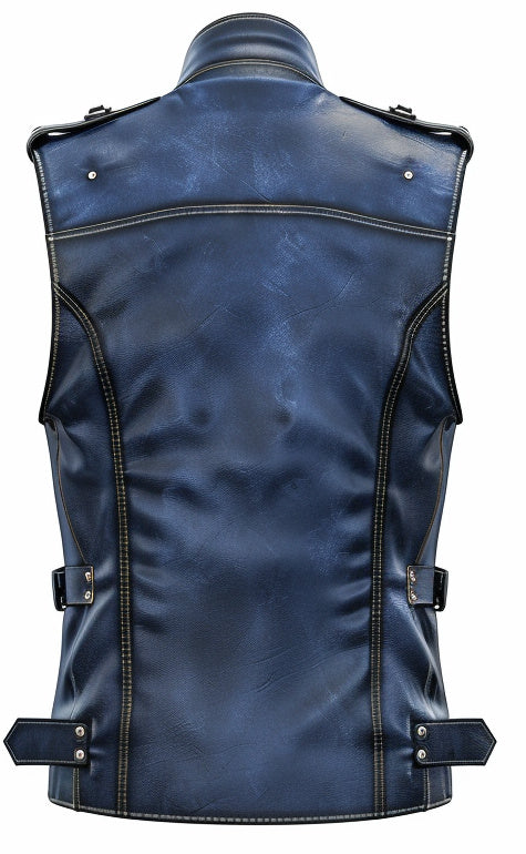 Men Blue Distressed Leather Vest The Leather Fit