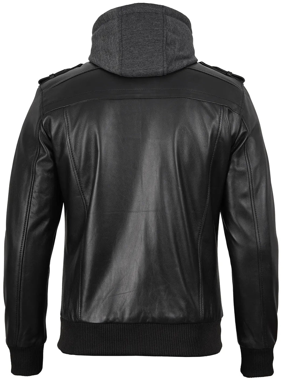 Men's leather jacket with hood black The Leather Fit