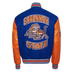 Savannah State University Royal and Orange Varsity Jacket The Leather Fit