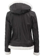 Womens Shearling Dark Brown Bomber Leather Jacket with Removable Hood The Leather Fit