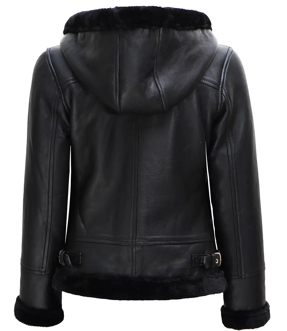 Womens Black Leather Hooded Shearling Jacket The Leather Fit