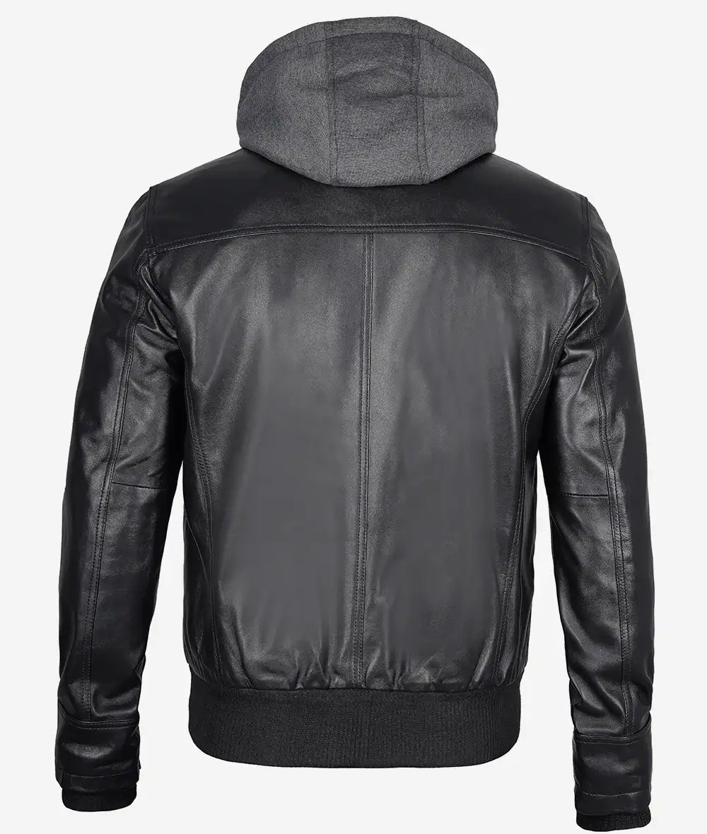 Mens Black Bomber Leather Jacket with Removable Hood The Leather Fit