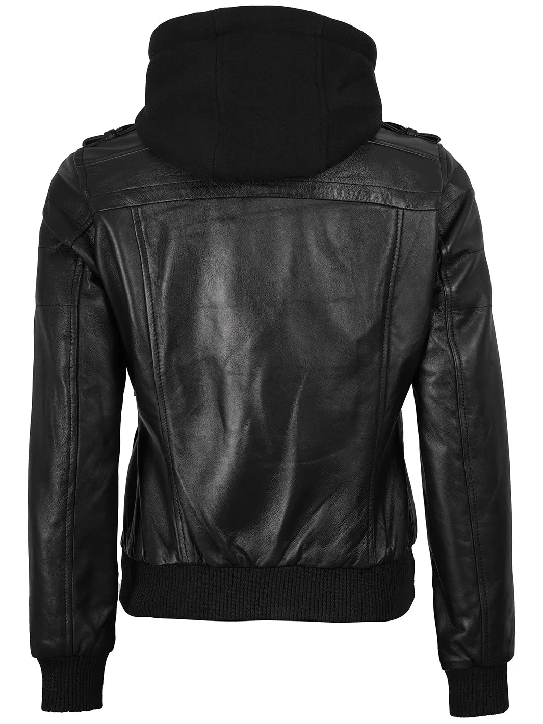 Edinburgh Women's Bomber Black Leather Jacket with Removable Hood The Leather Fit