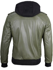 Men's Military Green Leather Jacket with Removable Hood The Leather Fit