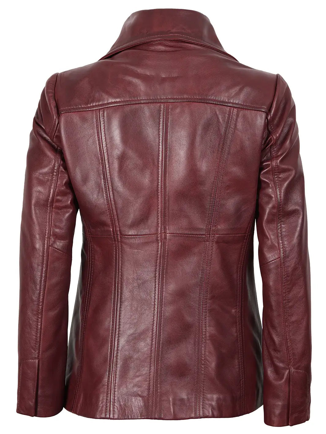 Women's Real Leather Burgundy Blazer with Three Button The Leather Fit