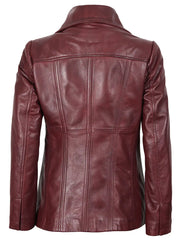Women's Real Leather Burgundy Blazer with Three Button The Leather Fit