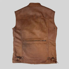 Men’s Multi Pocket Brown Leather Vest The Leather Fit