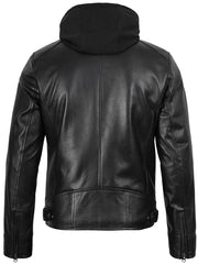 Men's Black Biker Style Leather Jacket with Removable Hood The Leather Fit