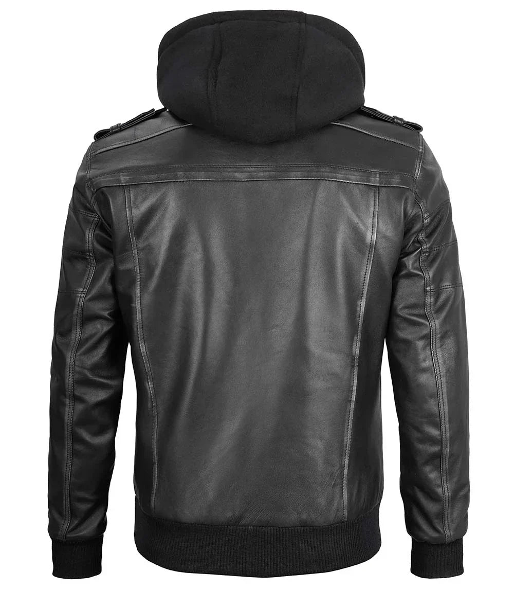 Men's Bomber Dark Grey Leather Jacket with Removable Hood The Leather Fit