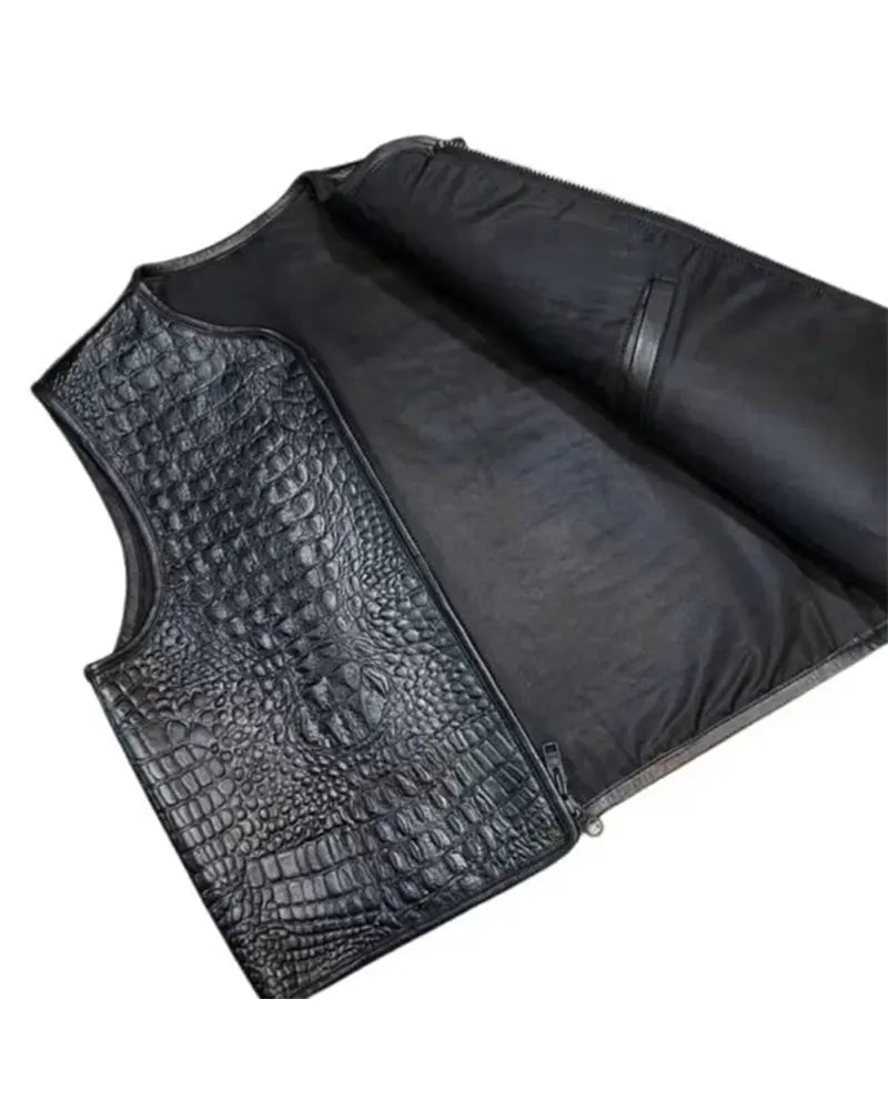Men’s Black Embossed Biker Leather Vest The Leather Fit