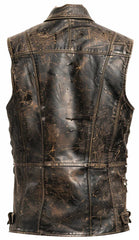 Men Strap Pockets Distressed Brown Leather Vest The Leather Fit