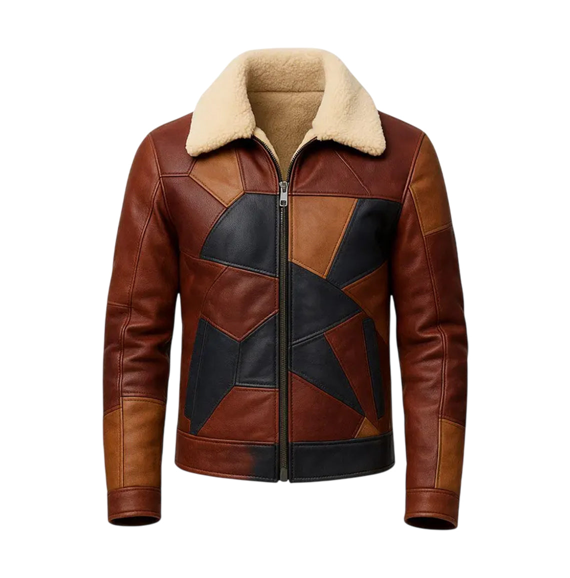 Men's Vintage Patchwork Leather Aviator Jacket with Faux Shearling Collar Brown & Black - The Leather Fit