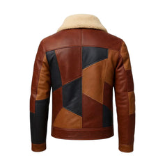 Men's Vintage Patchwork Leather Aviator Jacket with Faux Shearling Collar Brown & Black - The Leather Fit