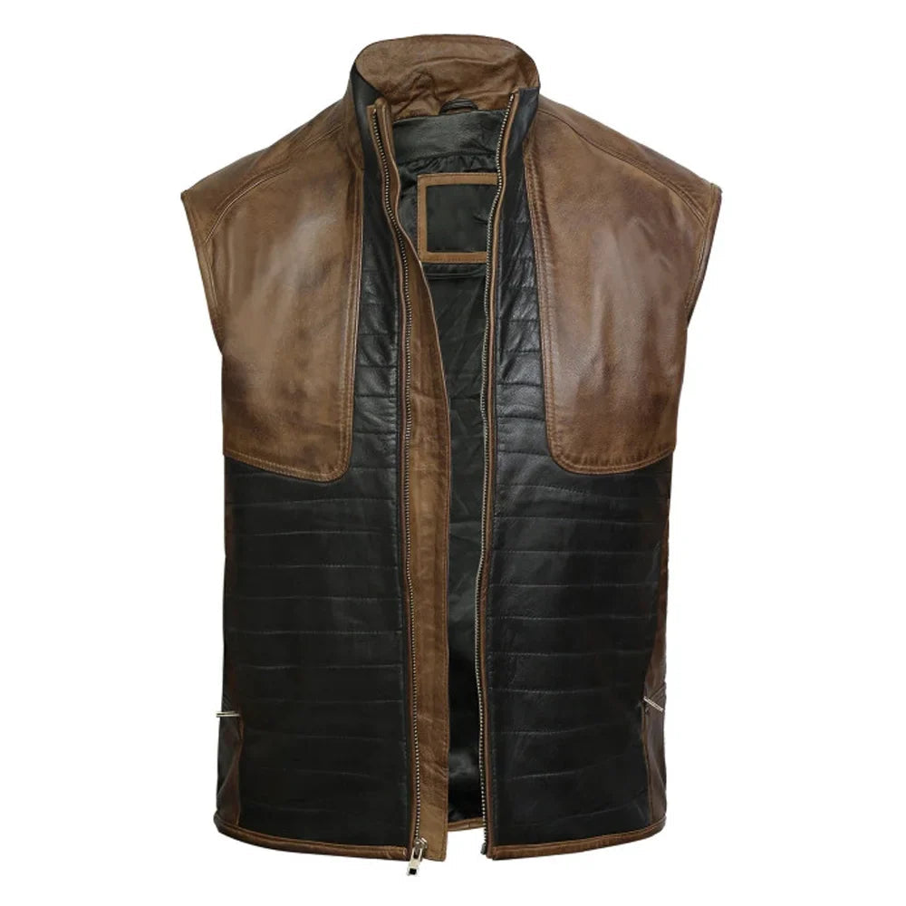 Men Brown & Black Leather Vest The Leather Fit