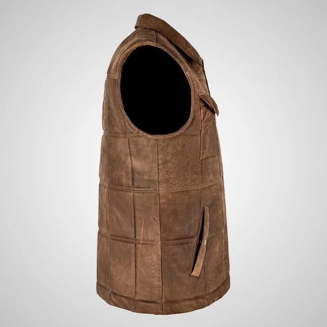 Men’s Brown Buff Padded Leather Vest The Leather Fit
