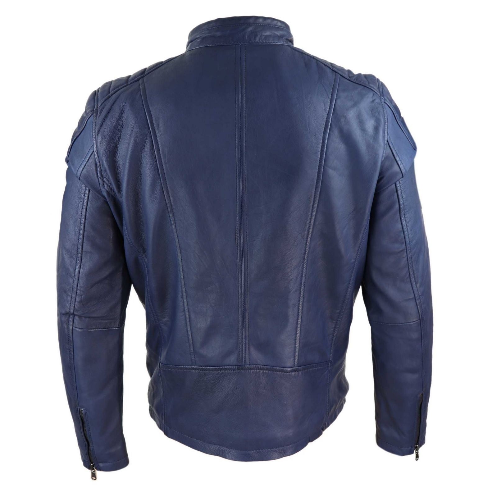 Real Leather Tailored Fit Mens Biker Jacket - Navy Blue The Leather Fit