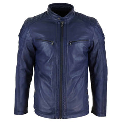 Real Leather Tailored Fit Mens Biker Jacket - Navy Blue The Leather Fit