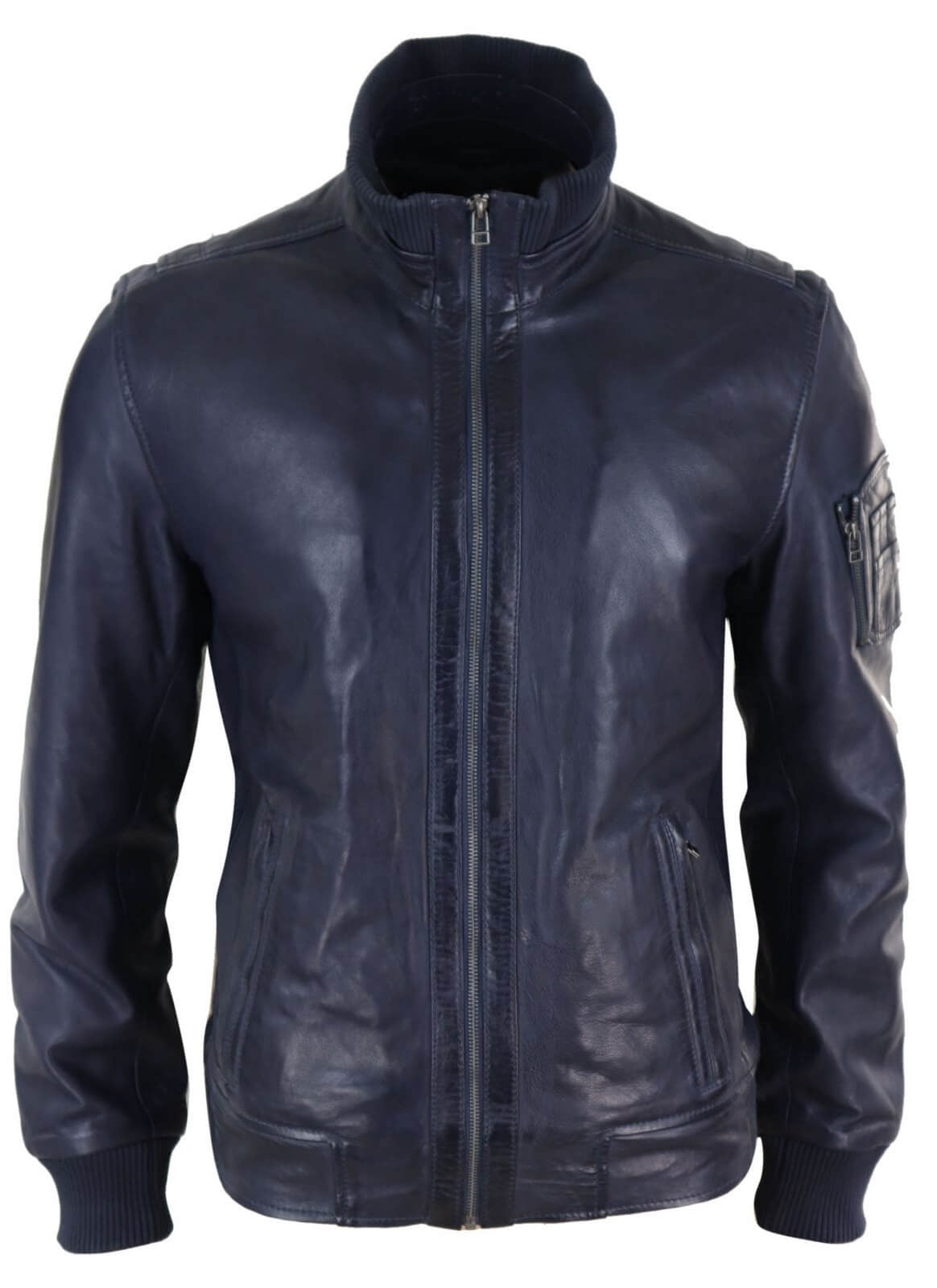 Real Leather Autumn Jacket with High Neck for Mens - Navy Color The Leather Fit