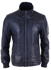 Real Leather Autumn Jacket with High Neck for Mens - Navy Color The Leather Fit