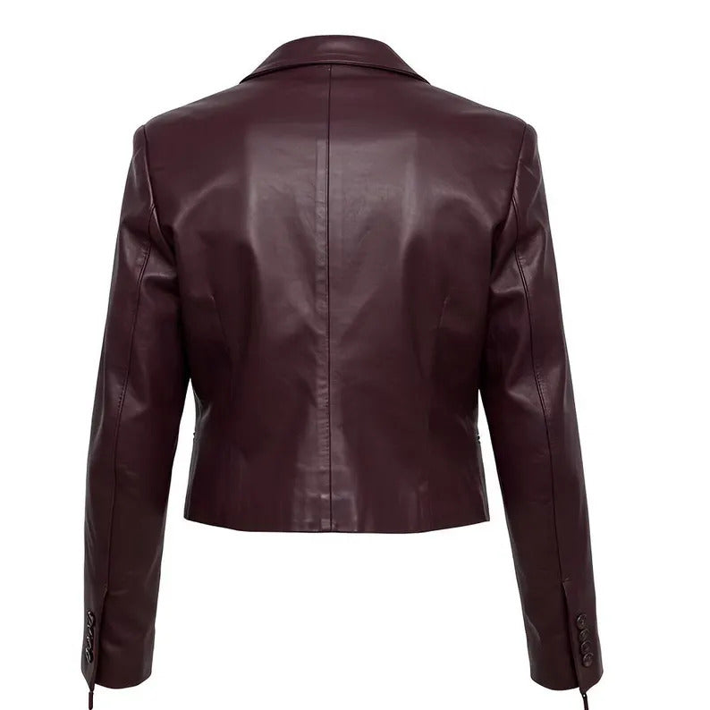 Women’s Burgundy Cropped Leather Jacket Handmade Cowhide Blazer - The Leather Fit