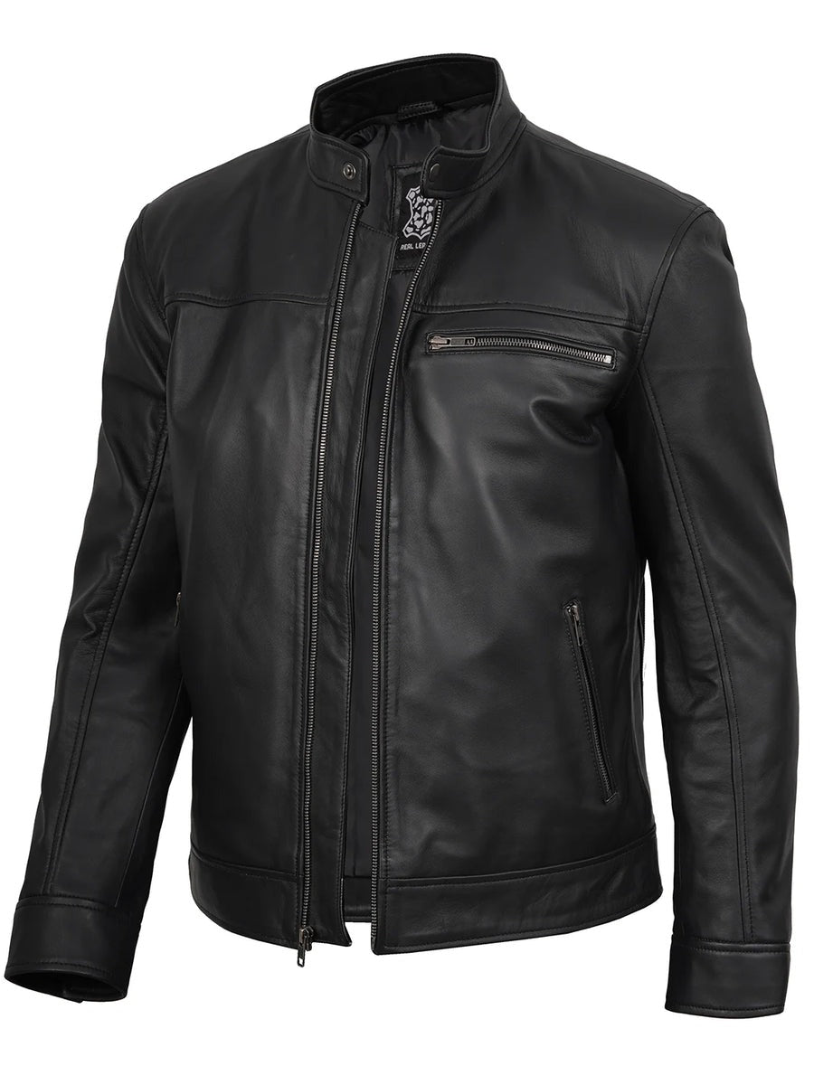 Mens Black Cafe Racer Style Real Leather Jacket The Leather Fit