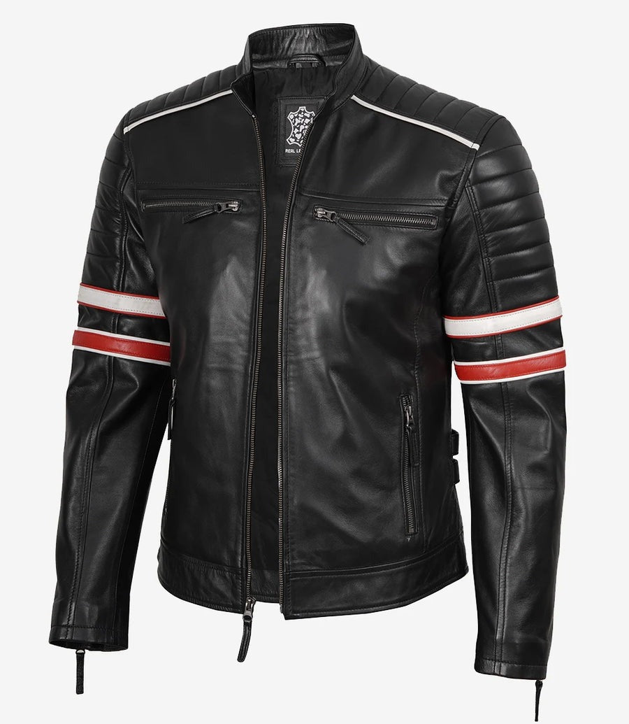 Men’s Black Cafe Racer Leather Jacket with Red & White Stripes The Leather Fit