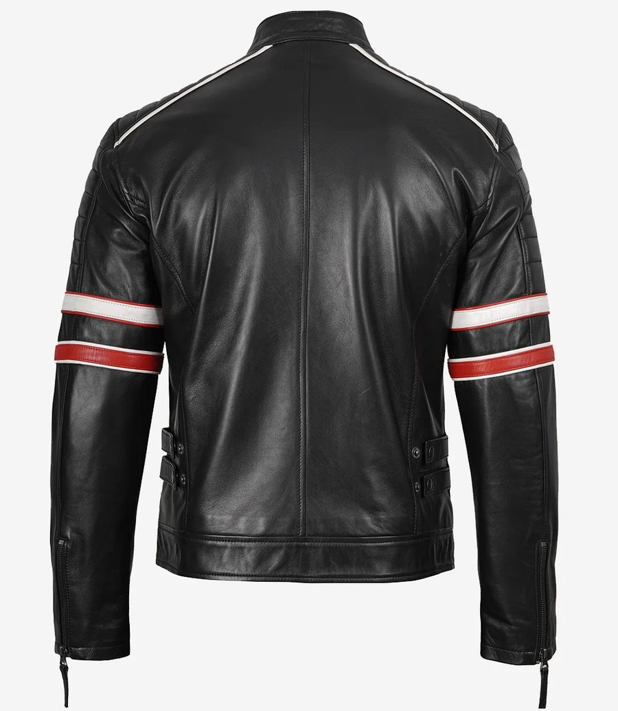 Men’s Black Cafe Racer Leather Jacket with Red & White Stripes The Leather Fit