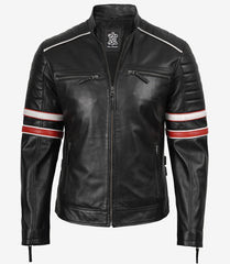 Men’s Black Cafe Racer Leather Jacket with Red & White Stripes The Leather Fit