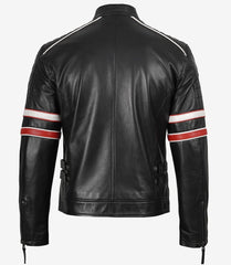 Men’s Black Cafe Racer Leather Jacket with Red & White Stripes The Leather Fit