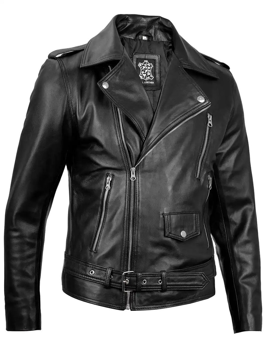 Men's Black Asymmetrical Belted Leather Biker Style Jacket The Leather Fit