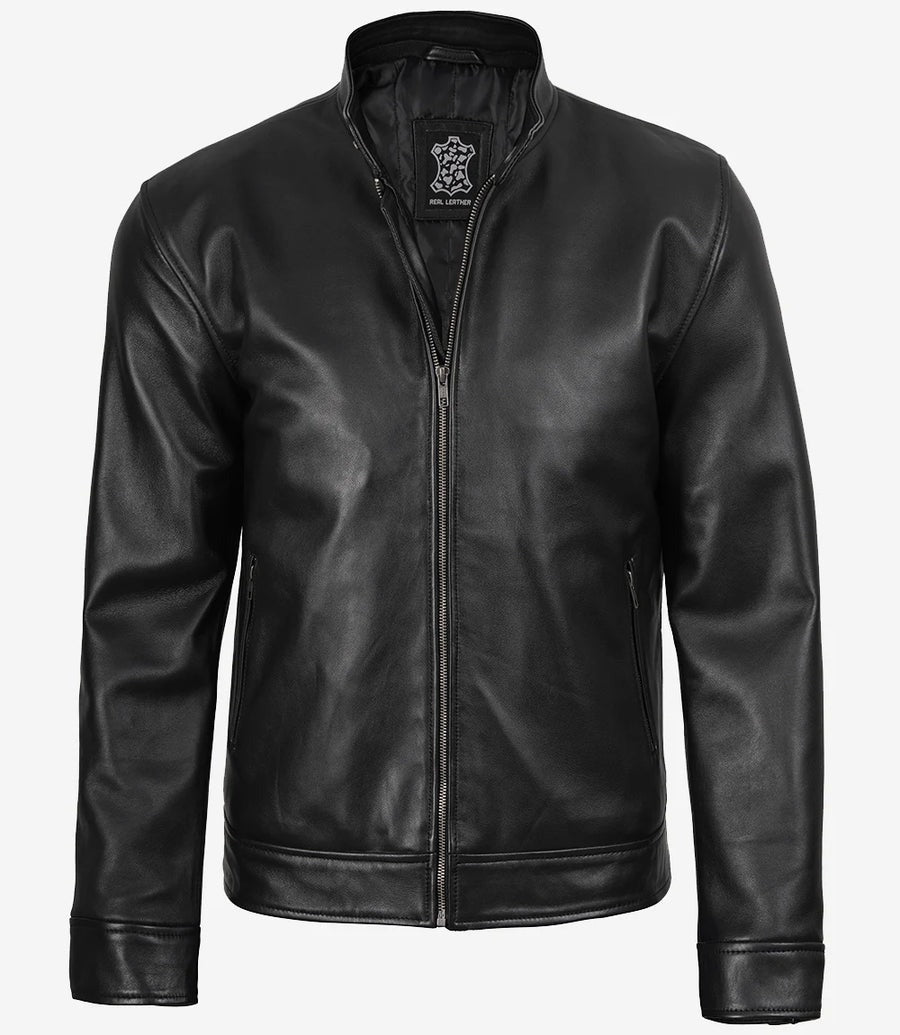 Men's Black Cafe Racer Style Real Leather Jacket The Leather Fit