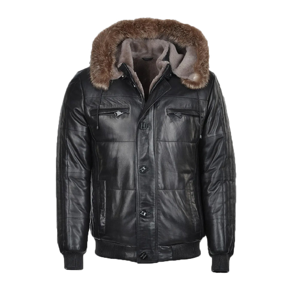 Carter Mens Black Bomber Fur Hooded Leather Jacket The Leather Fit