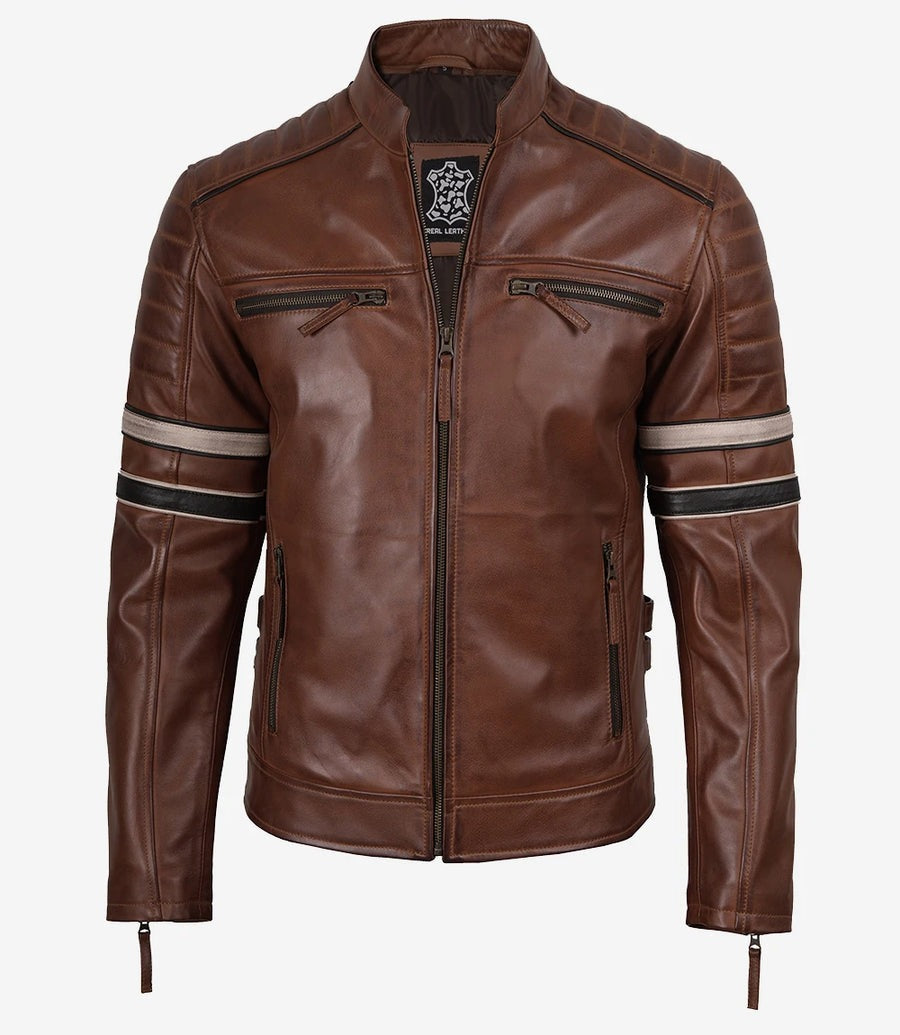 Men's Cognac Brown Leather Racer Jacket with Black and Beige Stripes The Leather Fit