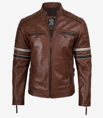 Men's Cognac Brown Leather Racer Jacket with Black and Beige Stripes The Leather Fit