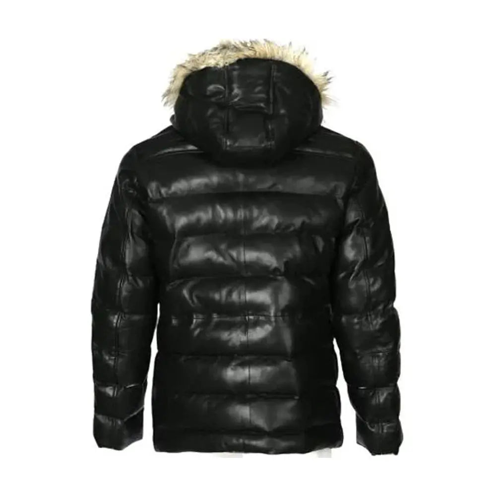 Mens Puffer Leather Jacket In Black With Fur Hoodie The Leather Fit