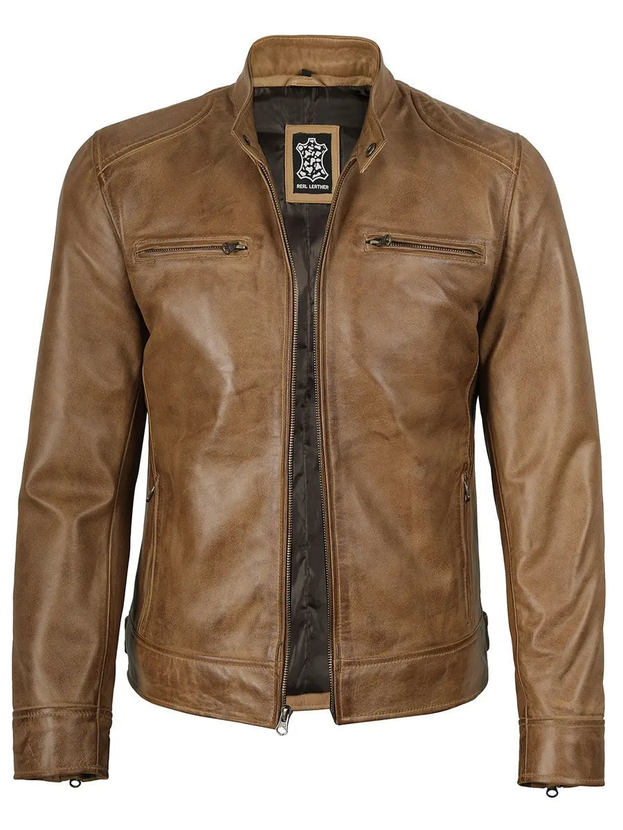 Real Leather Men's Camel Brown Cafe Racer Jacket The Leather Fit
