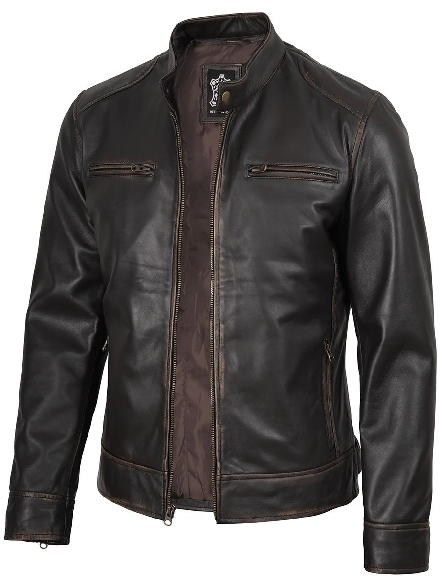 Men's Rub-Off Dark Brown Cafe Racer Style Leather Jacket The Leather Fit