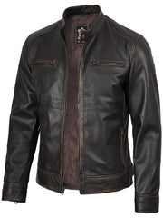 Men's Rub-Off Dark Brown Cafe Racer Style Leather Jacket The Leather Fit