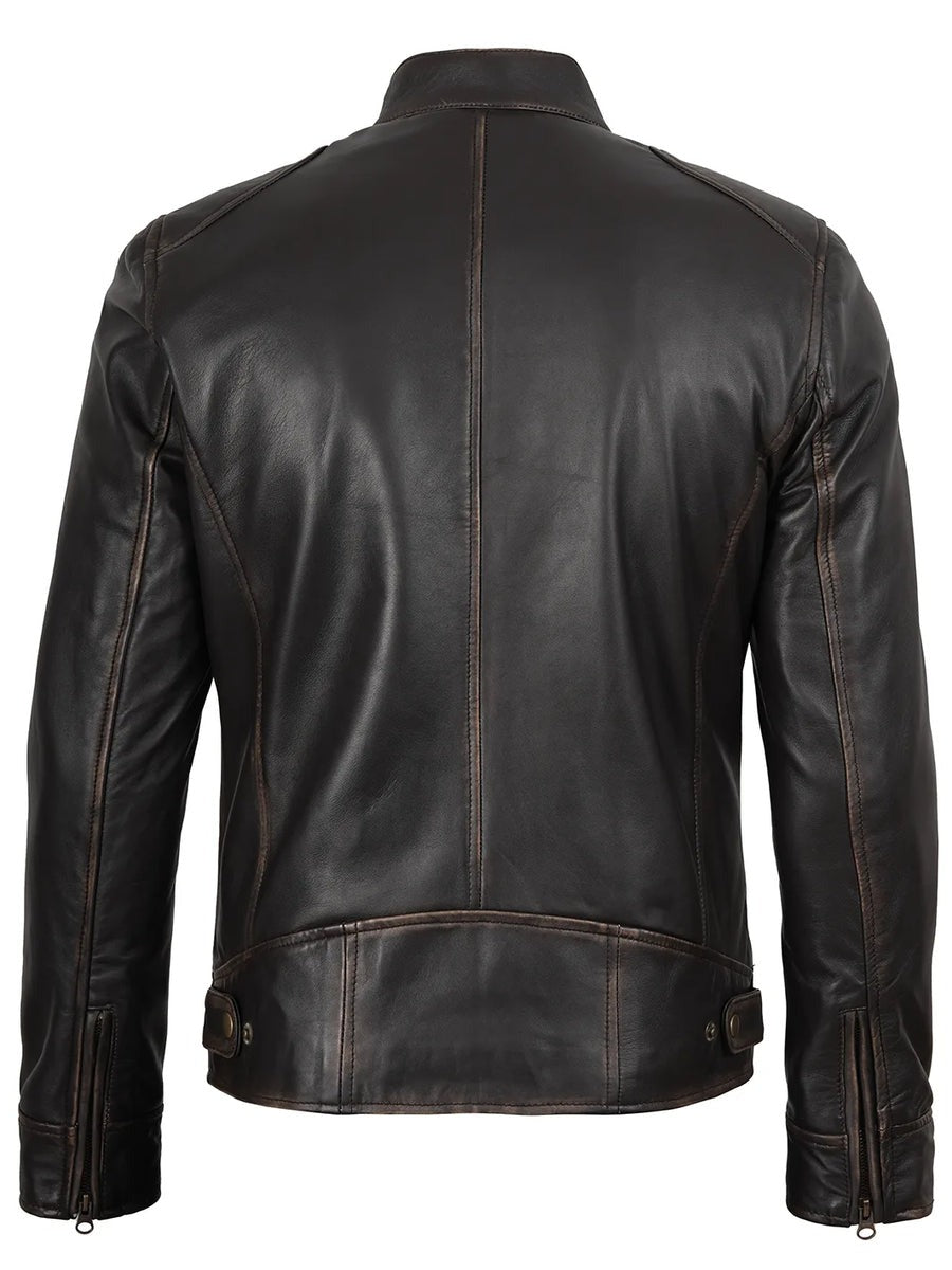 Men's Rub-Off Dark Brown Cafe Racer Style Leather Jacket The Leather Fit